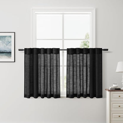 Nanspring Linen Kitchen Curtains 30 Inches Long Black Semi Sheer Short Curtains by Nanspring