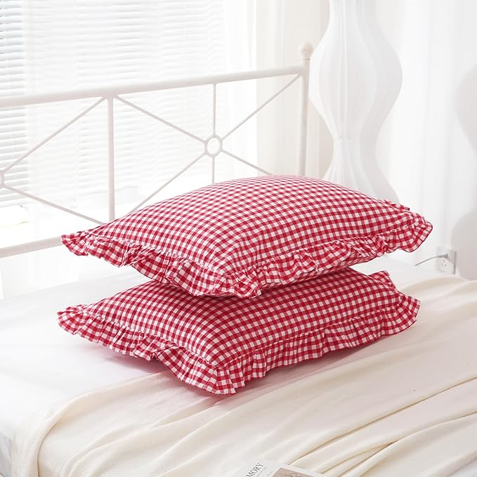 2 Pack Red White Plaid Ruffle Gingham King Size Pillow Shams, 100% Yarn-Dyed - Image 4