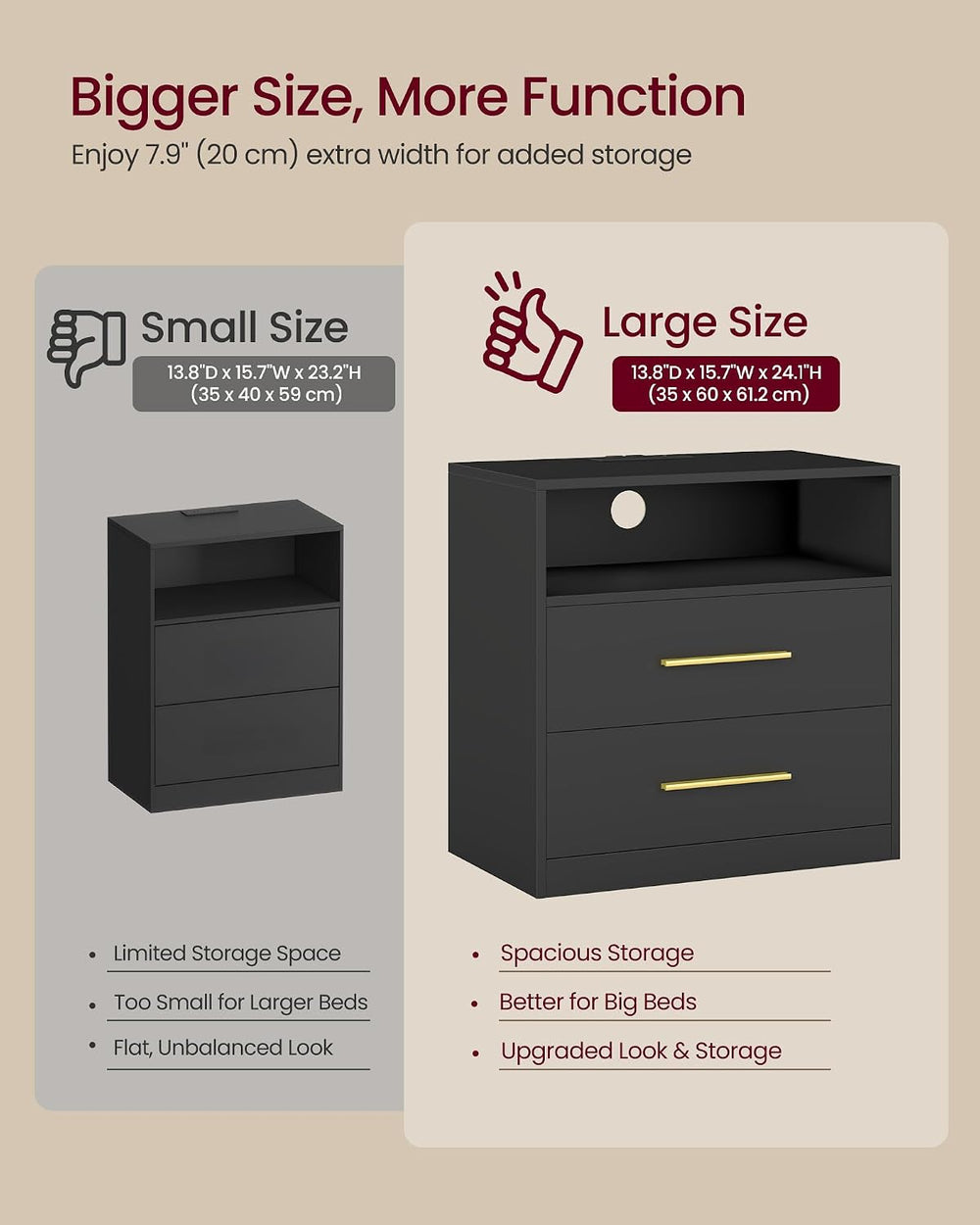 VASAGLE 23.6 Nightstands, LED Lights, Charging Station, 2 Drawers