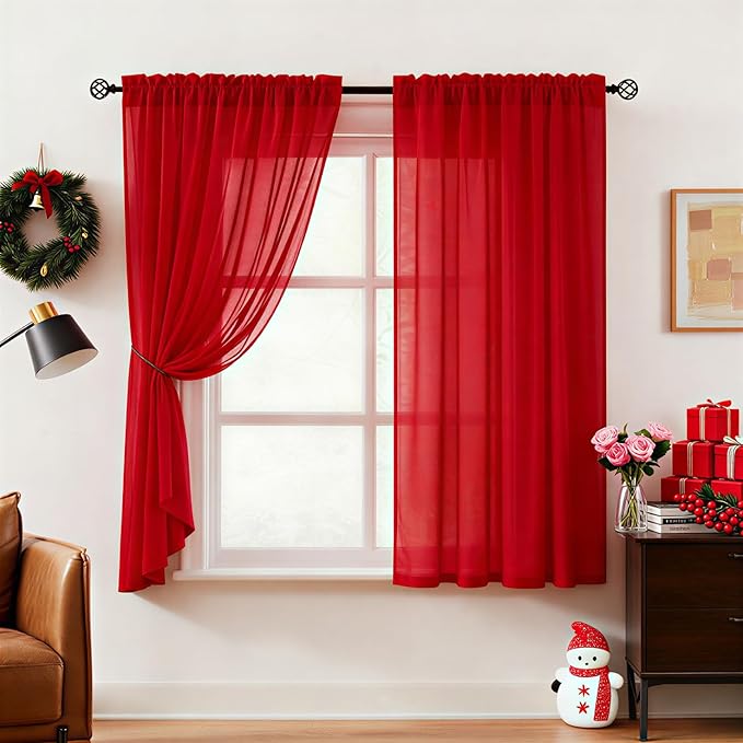 HOMEIDEAS Christmas Non-See-Through Red Privacy Semi Sheer Curtains 45 Inches by HOMEIDEAS