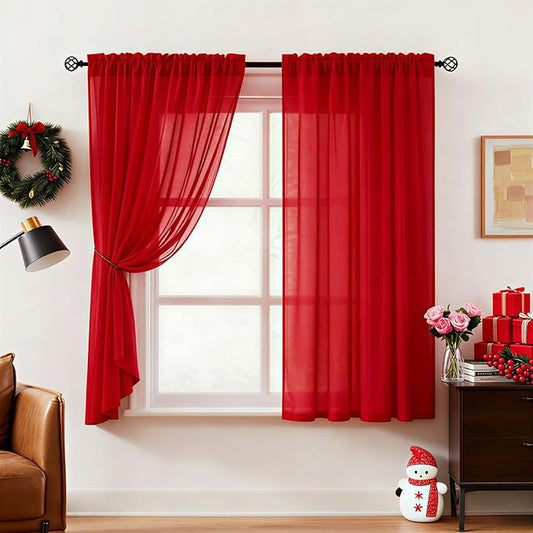 HOMEIDEAS Christmas Non-See-Through Red Privacy Semi Sheer Curtains 54 Inches by HOMEIDEAS