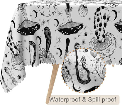 70x120inches Mushroom Tablecloth Retro 70s 60s Hippie Black and White Mushroom - Image 2