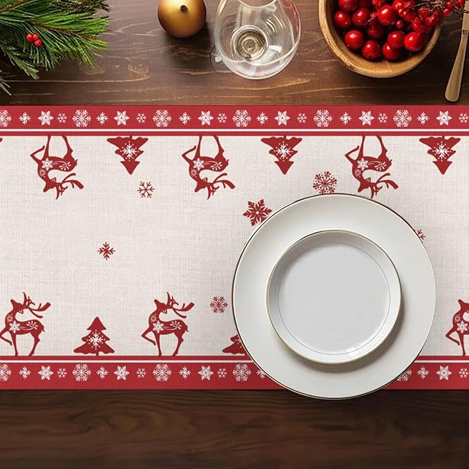 Merry Christmas Table Runner, Snowman Deer Snow Linen Table Runners, Snowflake - Image 7