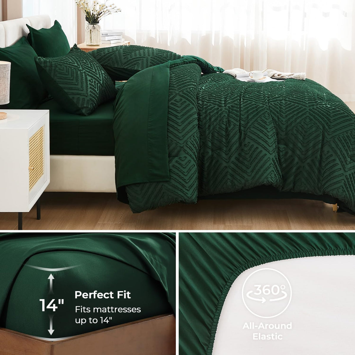 andency king size comforter set, dark emerald green, side view