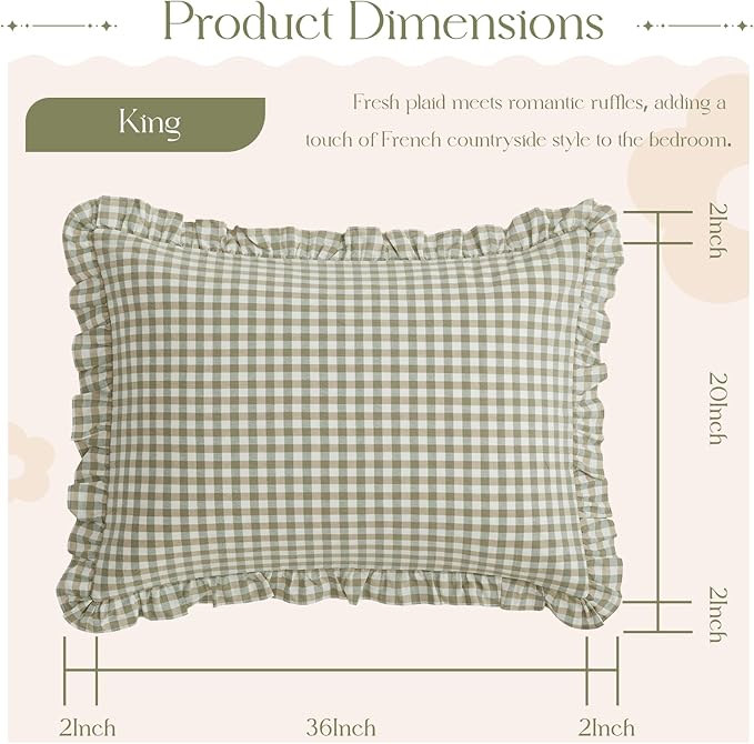 KKJIAF 2 Pcs Plaid Ruffle Pillow Case King Size, Cotton Gingham Ruffled Euro - Image 2