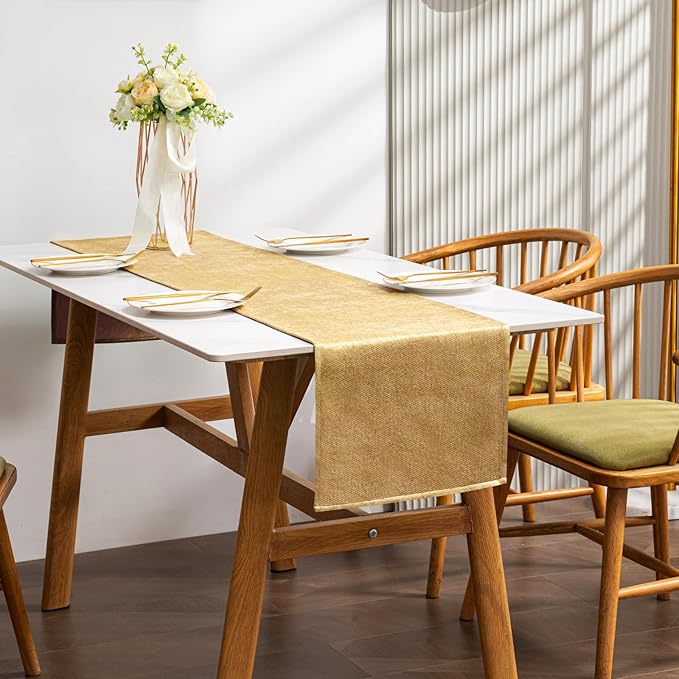 BALCONY & FALCON Gold Table Runner Lustrous Linen 14"x95" Water Resistant by BALCONYFALCON