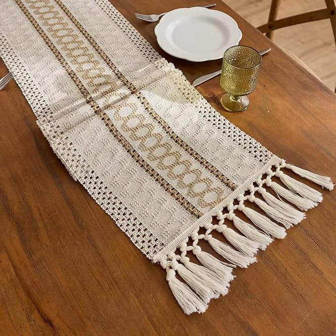 Boho Table Runner for Christmas, Woven Cream & Brown Macrame Dining Table by Fving