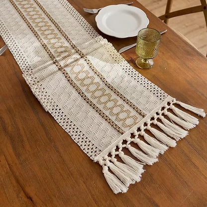 Boho Table Runner with Tassels, Woven Cream & Brown Macrame Runner Pottery Barn by Fving