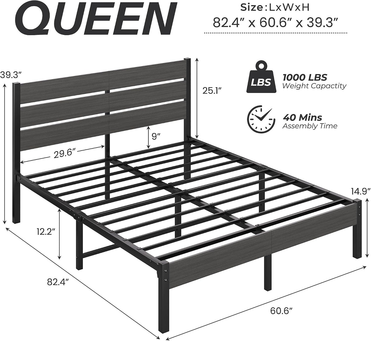 fluest queen bed frame with headboard and footboard shown in use