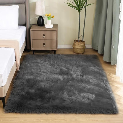 Latepis 4x6 Shag Dark Grey Faux Fur Sheepskin Rug Bedside Plush Rugs Washable by Latepis
