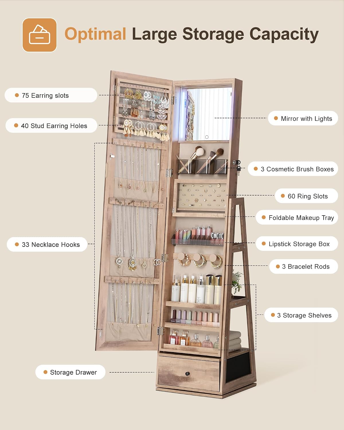 nicetree 360° swivel jewelry cabinet with lights, full, side view