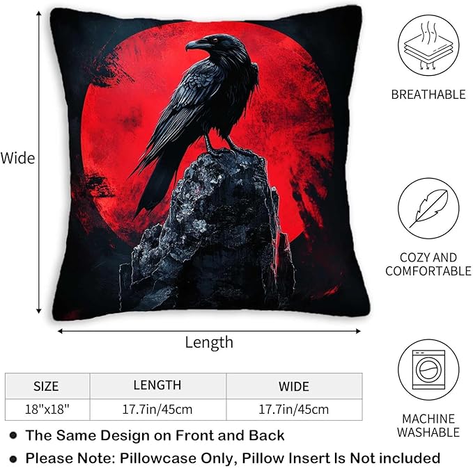 Raven Throw Pillow Covers Set of 2 | 18x18 Inches Cushion Cases - Image 5