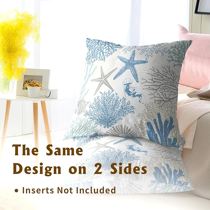 Coastal Nautical Throw Pillow Cover 22x22 inch Set of 2 Beach Themed Sea Coral - Image 5