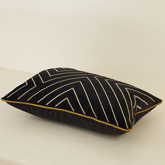 Avigers 12 x 20 Inch Black Gold Striped Geometric Lines Embroidery Velvet - Image 3