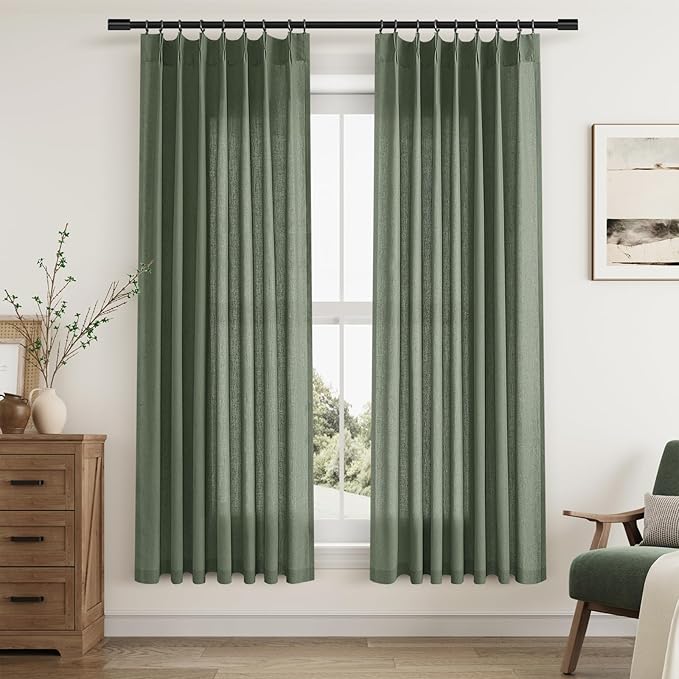 Olive Green Pinch Pleat Linen Curtains 72 Inch Length 2 Panels Set by Aersas