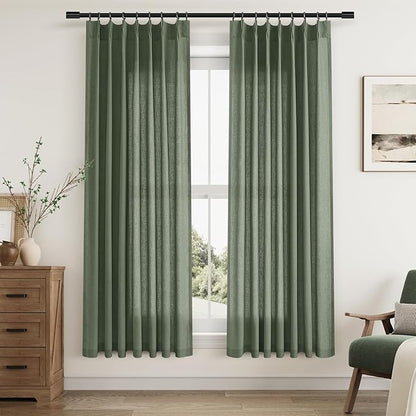 Olive Green Pinch Pleat Linen Curtains 72 Inch Length 2 Panels Set by Aersas