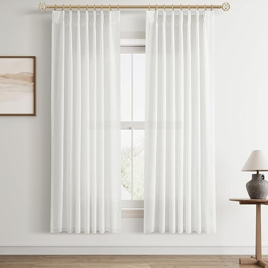 Ivory White Pinch Pleat Linen Curtains 72 Inch Length 2 Panels Set by Aersas