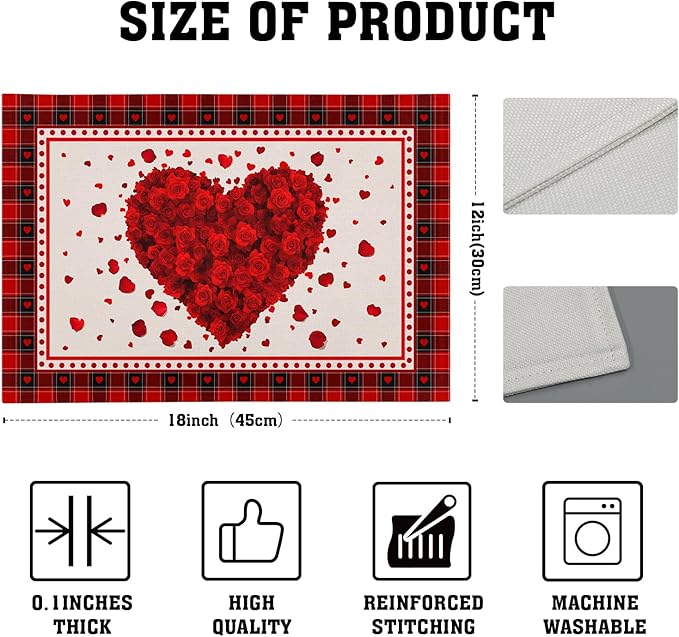 Giwawa 4PCs Valentines Day Placemats 12x18 Inch Love Hearts Rose Flower Place - Image 4