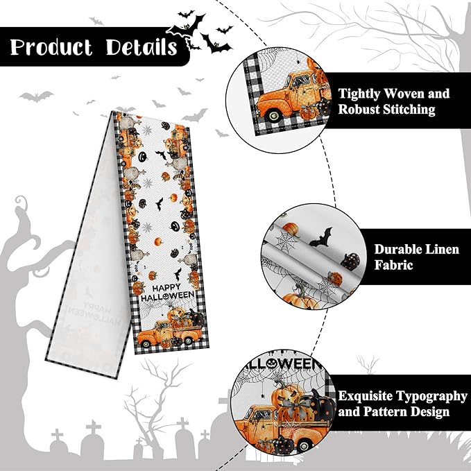 Happy Halloween Table Runner Black White Buffalo Plaid Pumpkin Truck Car Spider - Image 7