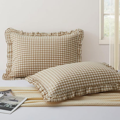 KKJIAF 2 Pcs Plaid Ruffle Pillow Case Standard Size, Cotton Gingham Ruffled by KKJIAF