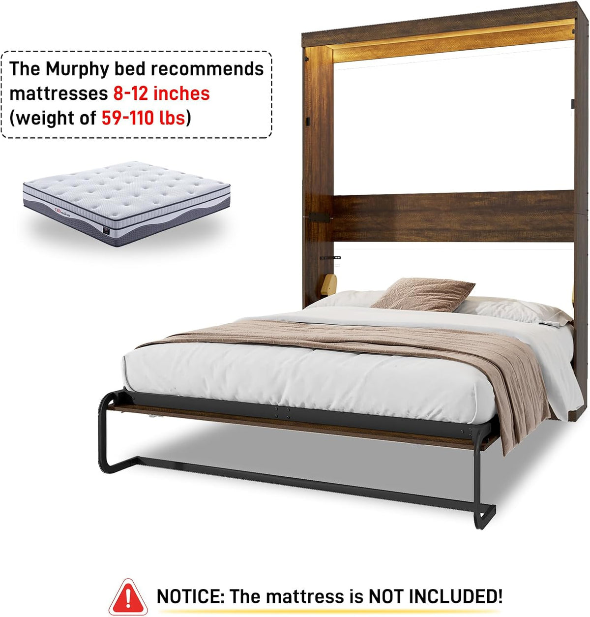 hlivelood queen size murphy bed with 2 led, close-up detail