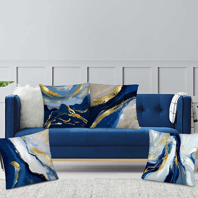Navy Blue and Gold Throw Pillow Covers 18x18 Inches Set of 4, Modern Decorative - Image 6