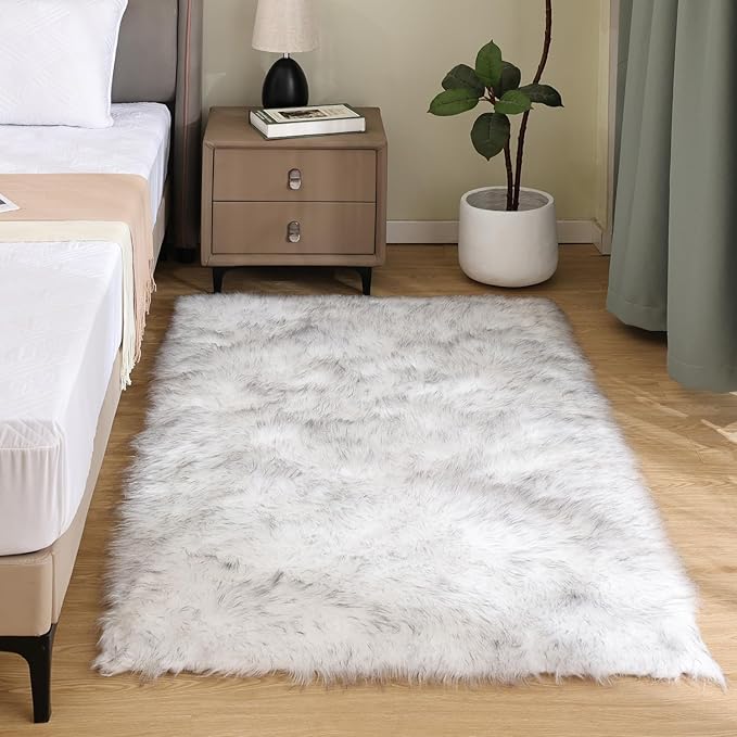 Latepis 3x4 Area Rug White and Grey Tips Faux Sheepskin Fur Rug Washable Fluffy by Latepis