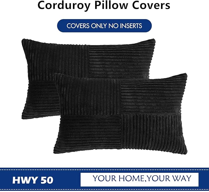 HWY 50 Black Corduroy Patchwork Throw Pillow Covers 12x20 Inch Rectangle - Image 7