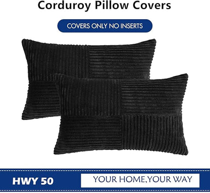 HWY 50 Black Corduroy Patchwork Throw Pillow Covers 12x20 Inch Rectangle - Image 7