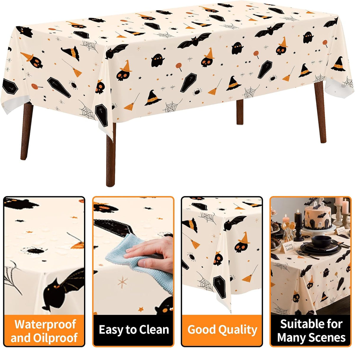 CXPSINC 54 Inch X 300 Feet Plastic Table Cover Roll Disposable Halloween Tablecloth with Slide Cutter Ghost Bat Plastic Table Covers for Halloween Party Decorations(Halloween Beige, 300 Feet)