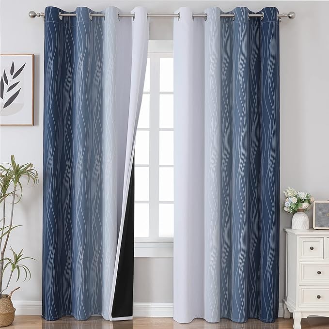 Estelar Textiler Greyish White and Navy Blue Blackout Curtains 96 Inches Long by ESTELARTEXTILER