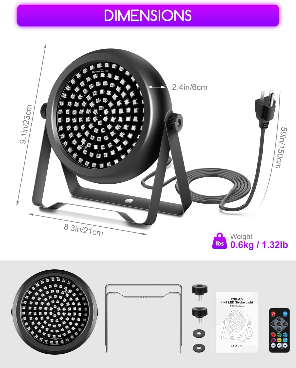 Telbum Strobe Light for Parties, 126 LED RGB+UV Strobe Light Halloween, DJ Lights by DMX512 Sound Activated Blacklight for Stage Club Event Concert Church Wedding Banquet Host - 2Pack