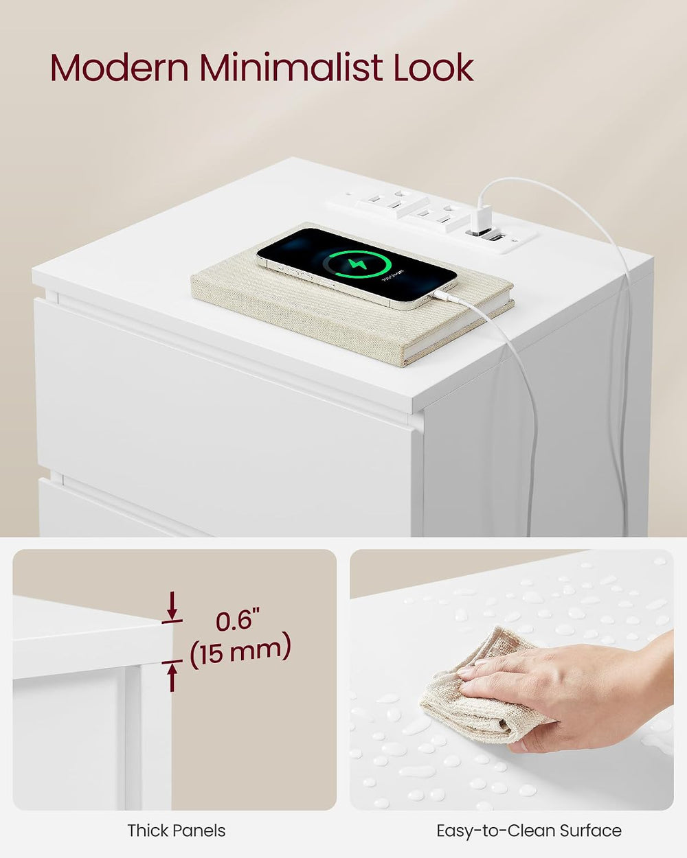 VASAGLE Nightstand with Charging Station, 3 Drawers