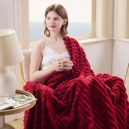 NEWCOSPLAY Super Soft Throw Blanket Red Premium Silky Flannel Fleece 3D Ribbed - Image 2