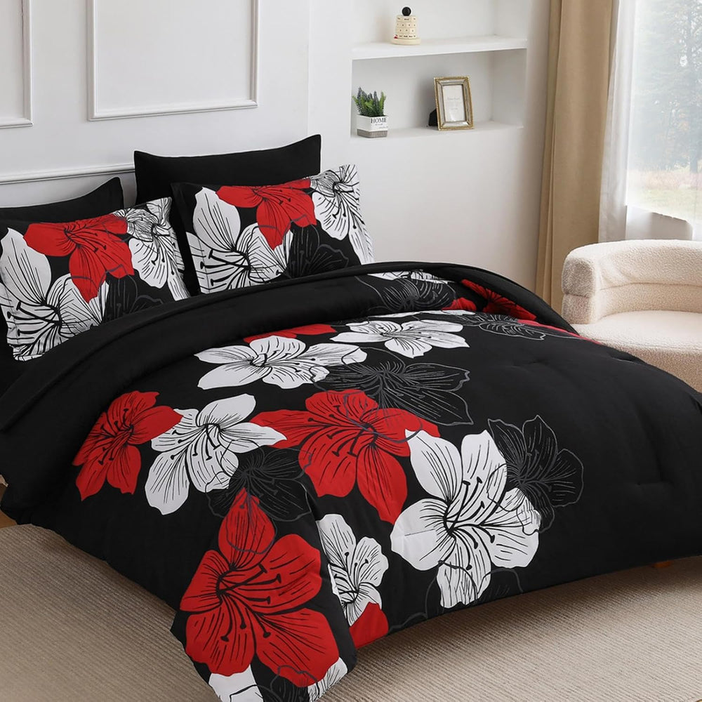 Luxudecor Red Black Comforter Set Queen Size, 7 Pieces Floral Bed in a Bag