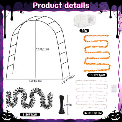 7Pcs Halloween Outdoor Arch Decor, 1 Arches 20 Spiders 3 Tinsel Garland