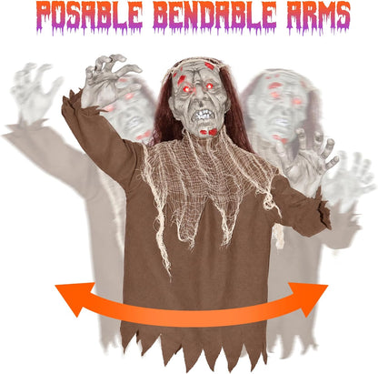 Halloween Creepy Animatronic Zombie Groundbreaker Outdoor Decor with Light up Eyes & Spooky Sound Adjustable Arms, Halloween Props for Graveyard Lawn Patio Yard Outside Decorations