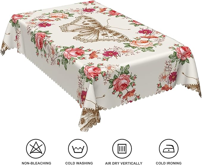 52x70inches Floral Rectangle Tablecloth Red Rose Flower Butterfly Printed - Image 6