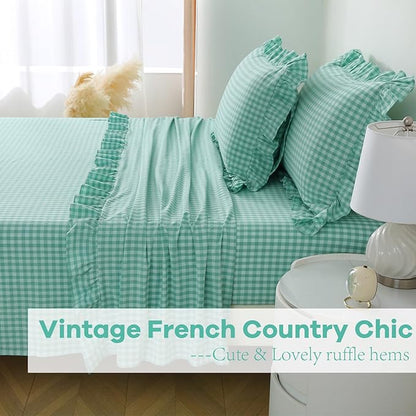 2 Pack Spa Blue White Plaid Ruffle Gingham Euro Pillow Sham Covers, 100% Washed - Image 6