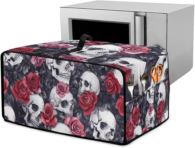 Skull Red Rose Print Microwave Oven Dust Cover Toaster Oven Cover by HwzdsyxlCreativeHomeDecor