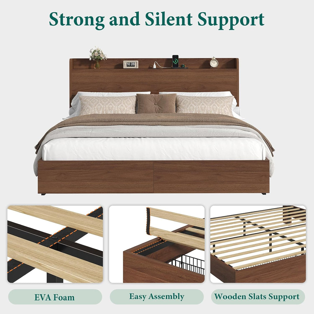 King Size Bed Frame with Storage Headboard & 2 Drawers, Mid-Century Moder...