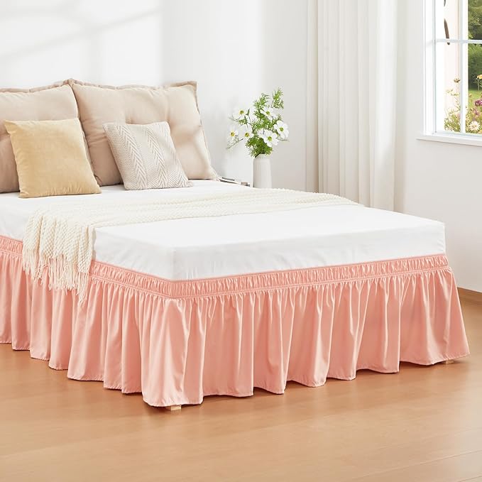 RIMELA Peachy Coral Bed Skirt King Size 15 Inch Drop, Elastic Bed Skirting - Image 2
