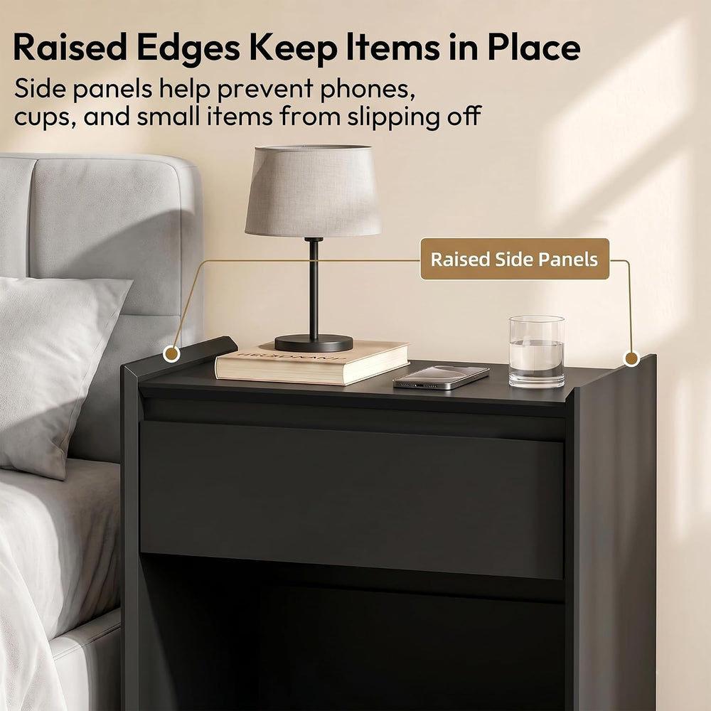 Black 24"H Nightstand, Drawer & Open Shelf, Small Bedside Table