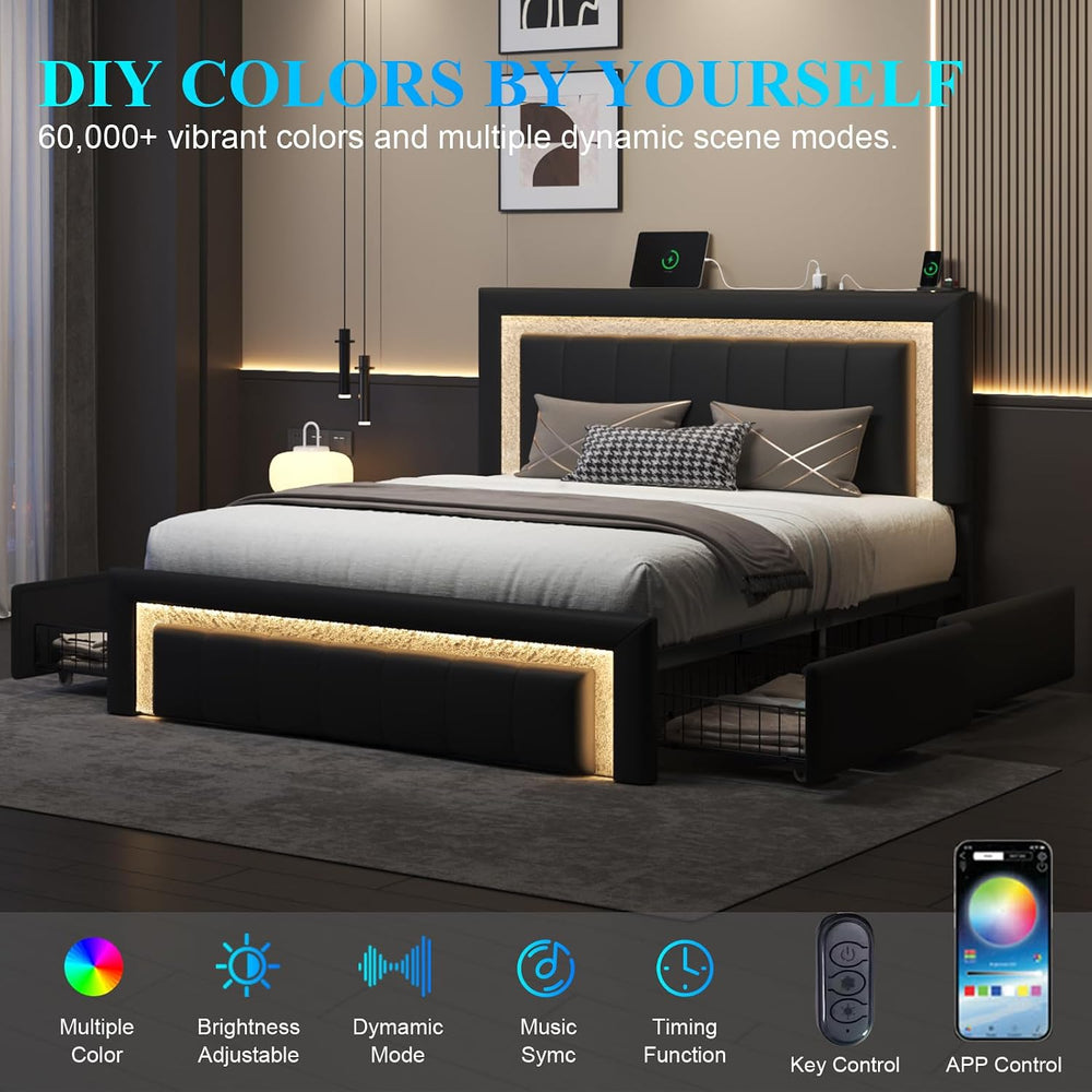 Full Bed Frame with Charging Station, Storage Drawers, Upholstered Black
