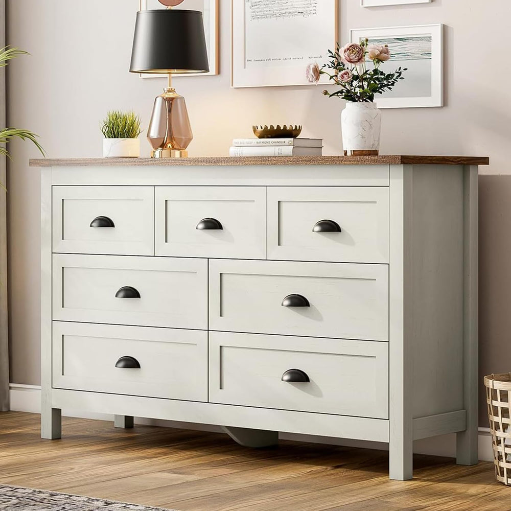 Antique White 7 Drawer Dresser for Bedroom, Farmhouse Wood Chest