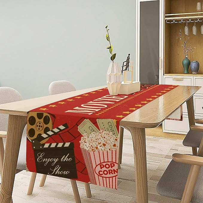 Movie Night Table Runner Old Fashion Film Reels Popcorn Table Decor Movie - Image 2