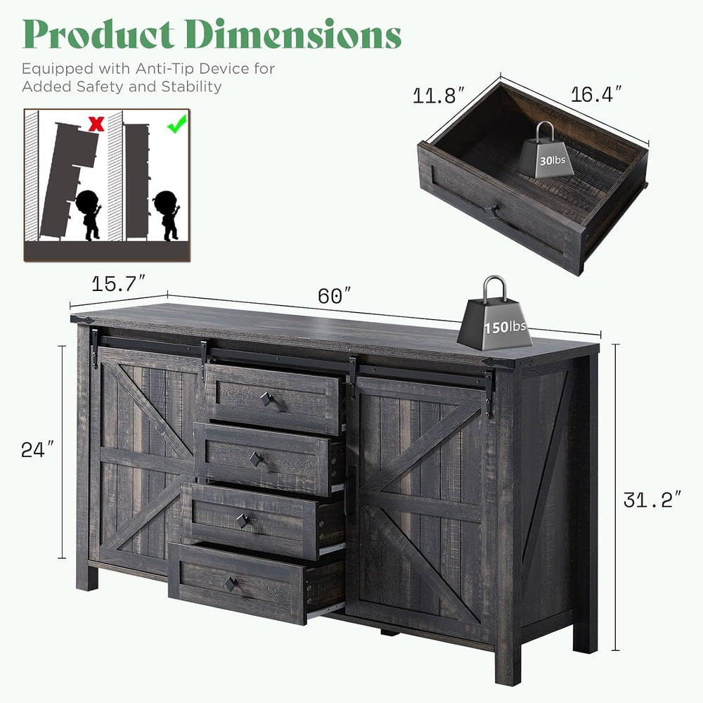 AMERLIFE 60" Farmhouse 4-Drawer Dresser with Barn Doors, Black Oak