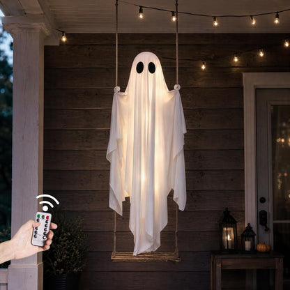 Halloween Decorations Outdoor - 5FT Large Hanging Swing Ghost Halloween Decor with String Lights, Spooky Cute Ghost Decorations for Front Porch Yard Tree