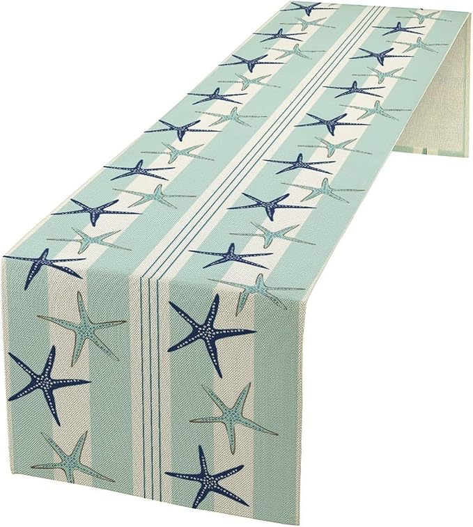 Blue Nautical Starfish Table Runner, Coastal Stripe Dark Blue Table Runner by ShiTingYu