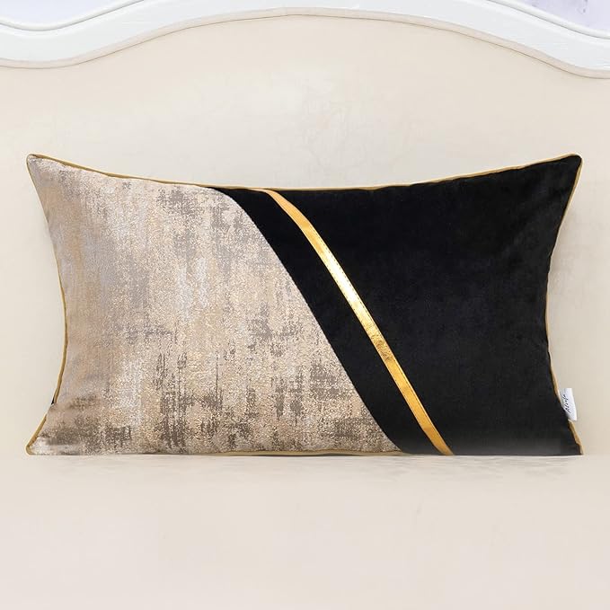 Alerfa 12 x 20 Inch Black Beige Gold Leather Patchwork Velvet & Polyester by Alerfa
